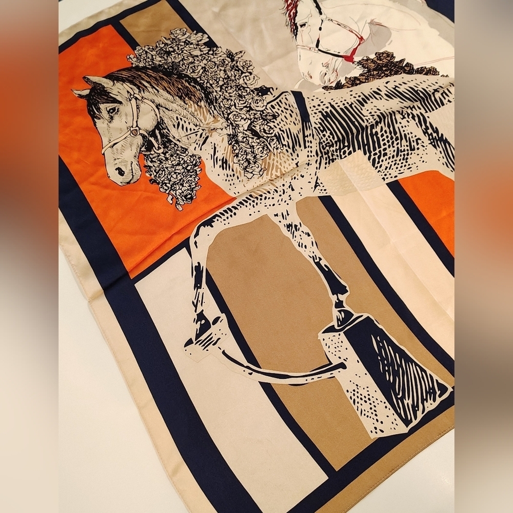 Equestrian Horse Silk Scarf Square Horses Geometric - Picture 9 of 13